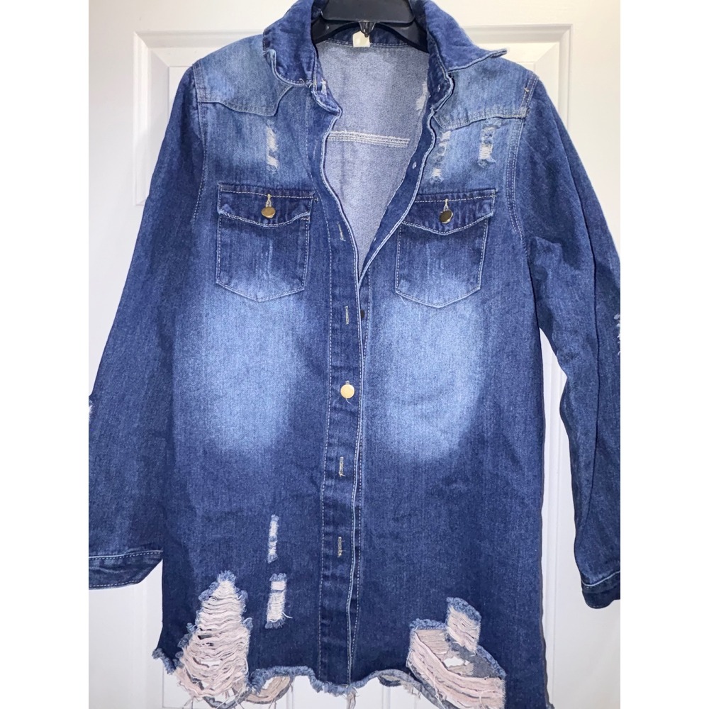 Distressed Denim‎ Shirt Dress Medium Wash Ripped Frayed Hem XL Long Sleeve